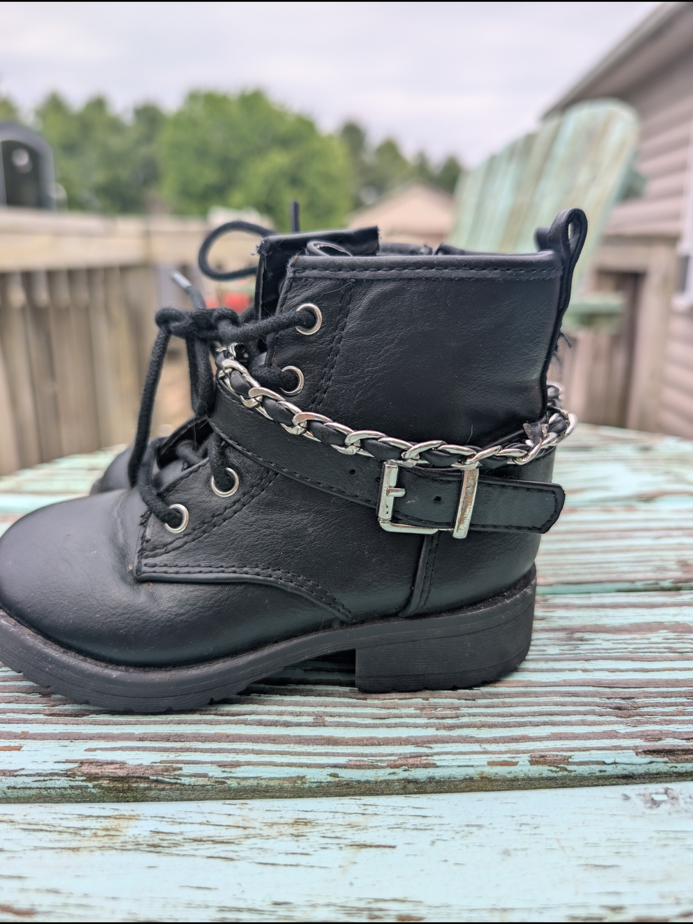 Kids Black Lace-Up Combat Boots with Silver Chain and Buckle